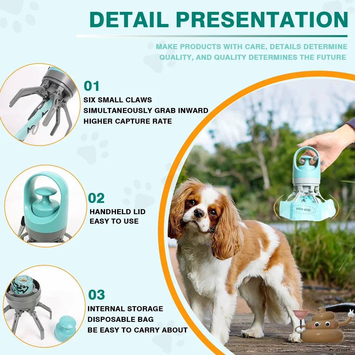 Blue portable claw-style dog pooper scooper with a roll of disposable bags for outdoor pet waste clean-up.