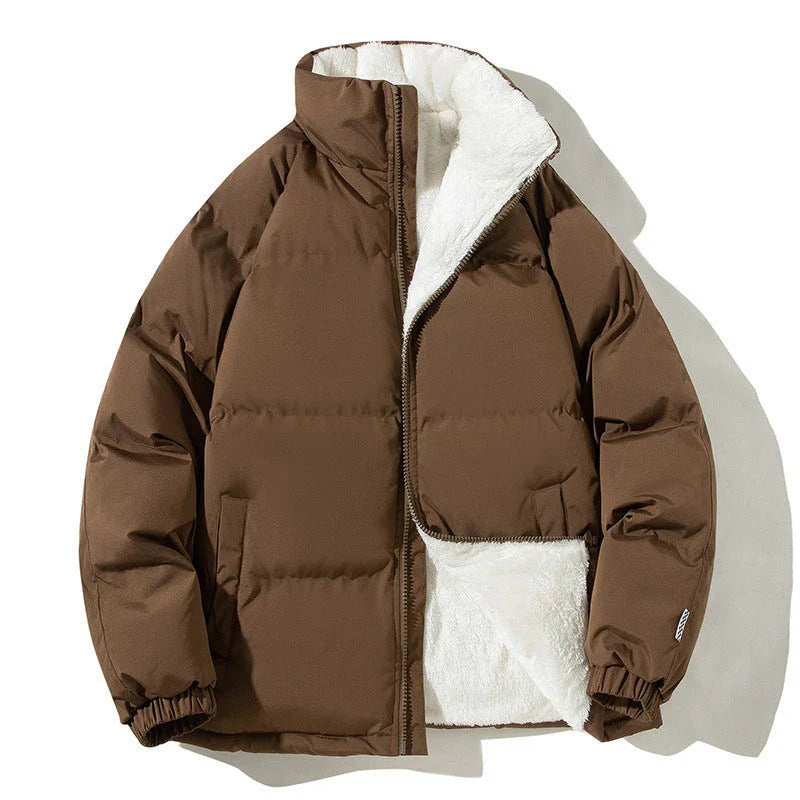 A plush, cozy winter jacket with a stand-up collar and pockets, available in a variety of colors for couples
