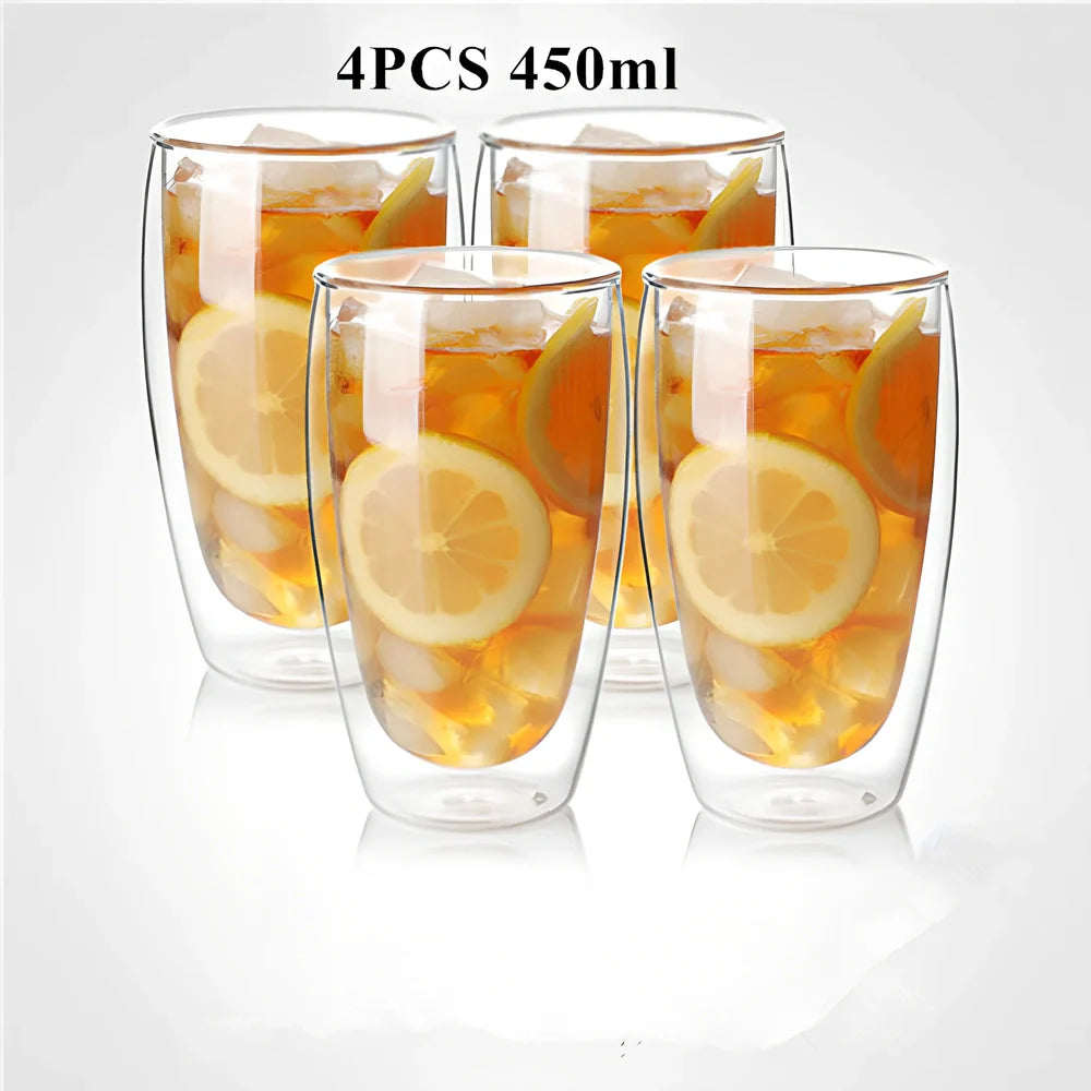Clear double-layer glass coffee cup with Chinese-style design showing insulating air gap between walls