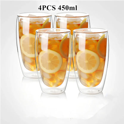Clear double-layer glass coffee cup with Chinese-style design showing insulating air gap between walls