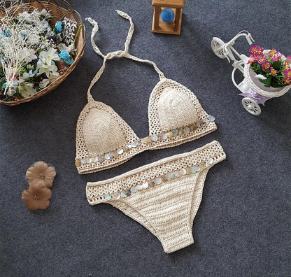 Knitted bikini set with mermaid split design in brown and white