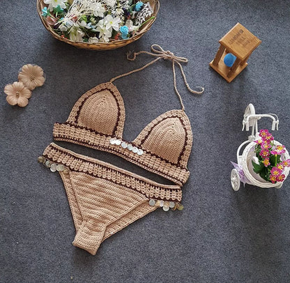 Knitted bikini set with mermaid split design in brown and white