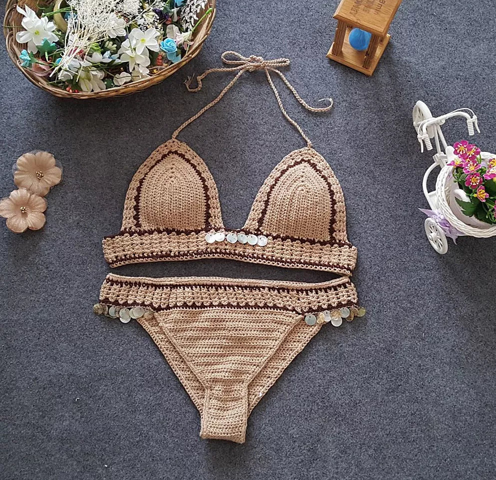 Knitted bikini set with mermaid split design in brown and white