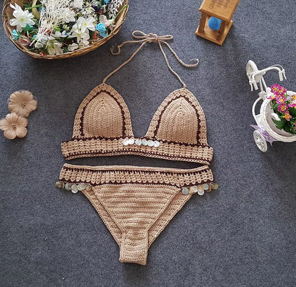 Knitted bikini set with mermaid split design in brown and white