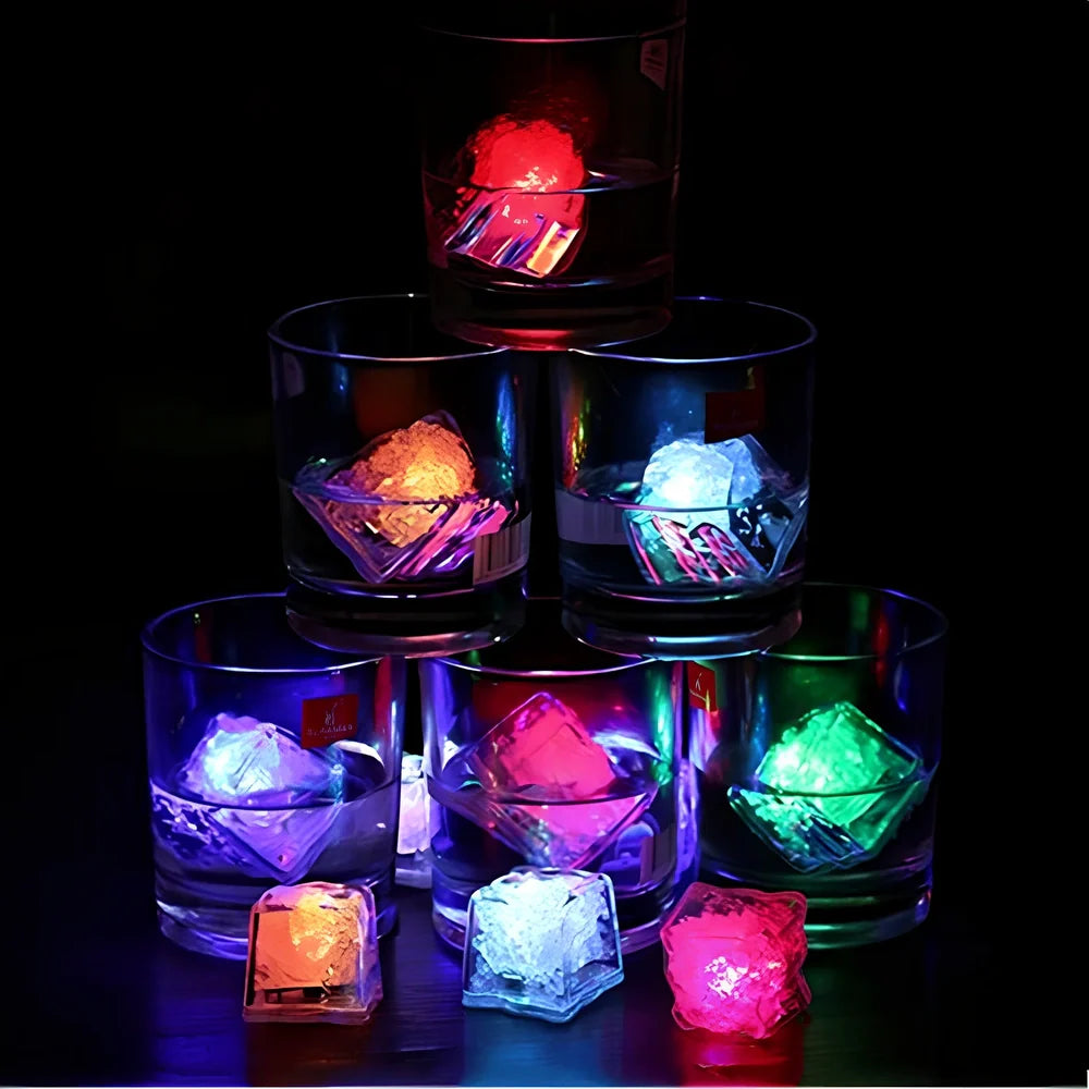 Square LED light ice cube illuminating drink with blue light, showing 2.5cm dimensions