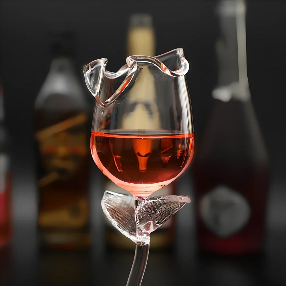 Rose flower shaped wine glass with 100ml capacity in mushroom colour showing stem and measured indicators