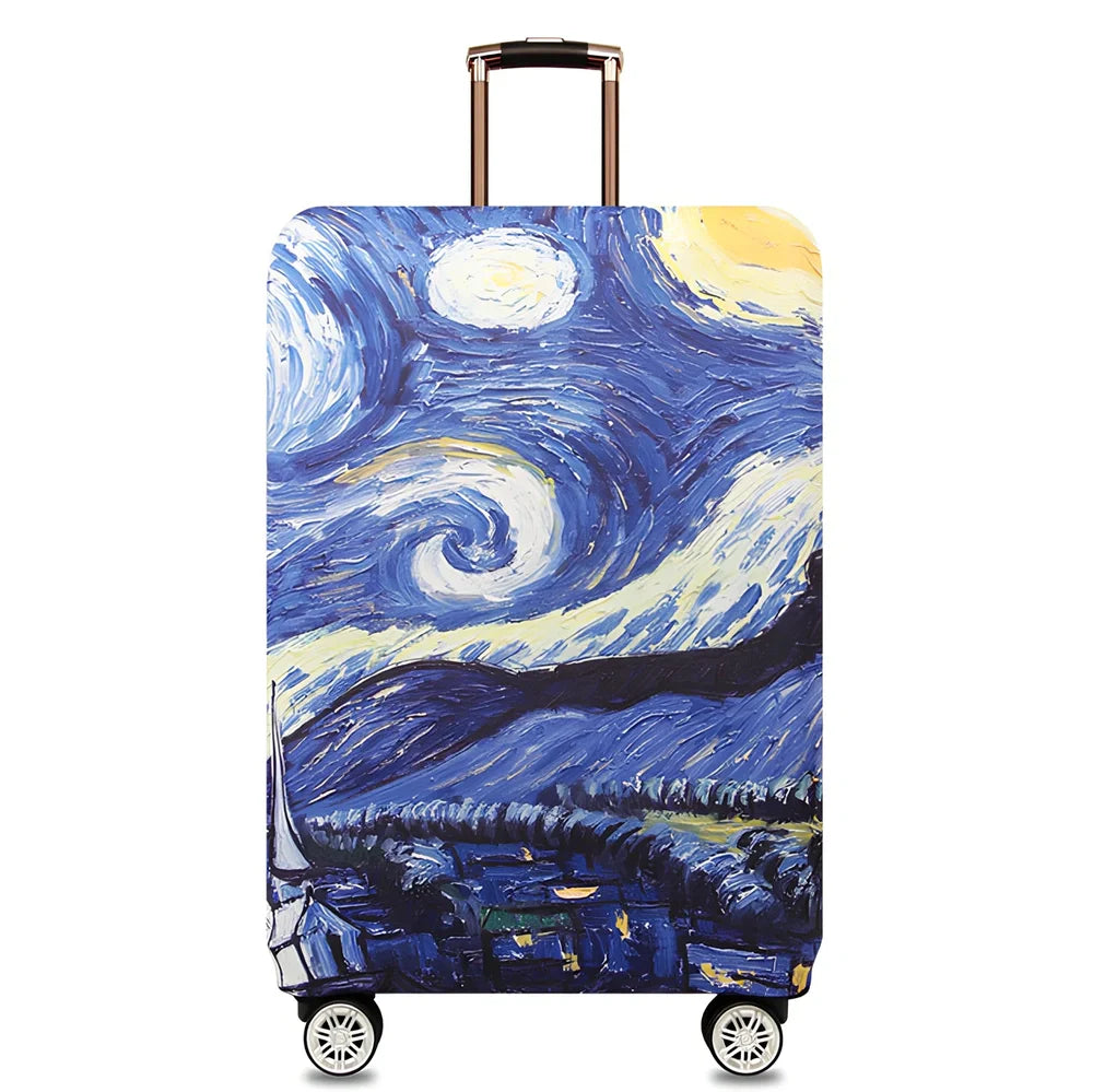 Elastic trolley case cover protecting luggage with polyester fabric, available in multiple sizes and patterns