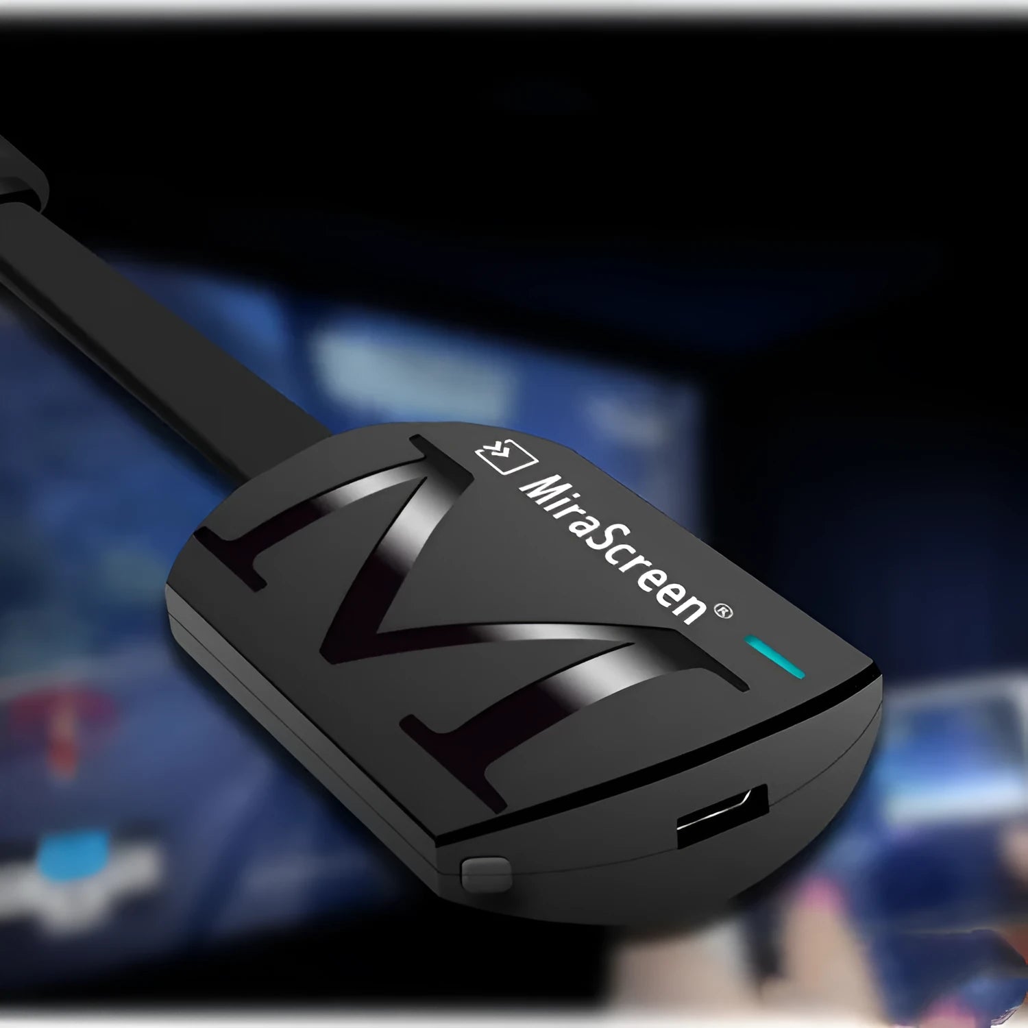Black USB HD TV screen mirroring dongle with HDMI connector for 1080p smartphone streaming.