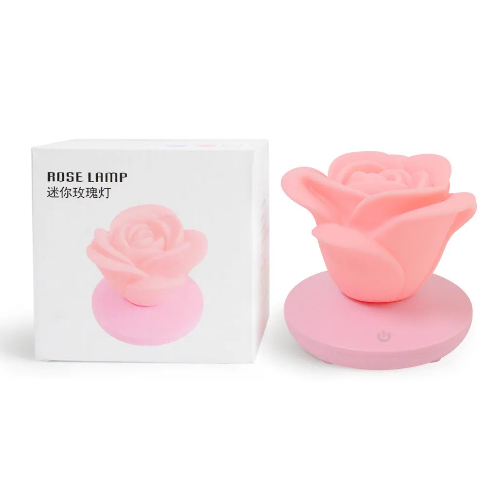 Mini rose night light with ABS base and PVC soft petals, 10 x 10 x 9.6 cm, USB rechargeable, touch dimmable, in pink