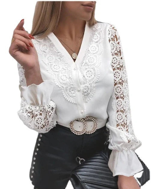 Women's white long sleeve V-neck lace button shirt with floral panel