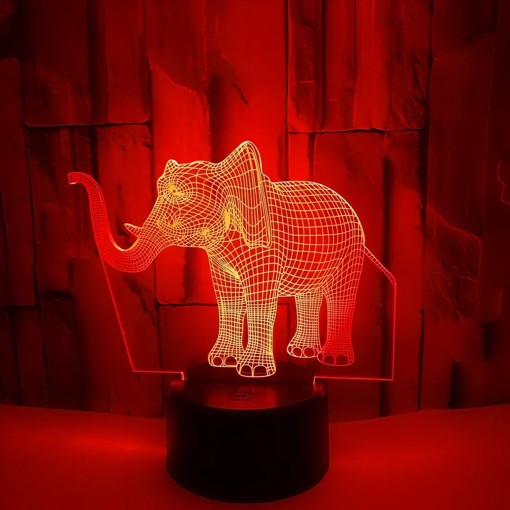 3D elephant LED table lamp with colourful illumination and touch control base measuring 87x87x42mm