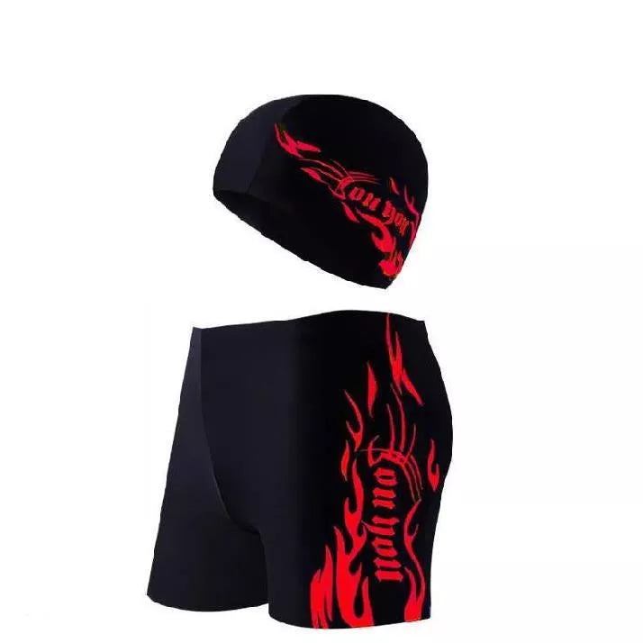 Men's plus size swimming trunks in blue, red, and silver with quick-dry fabric