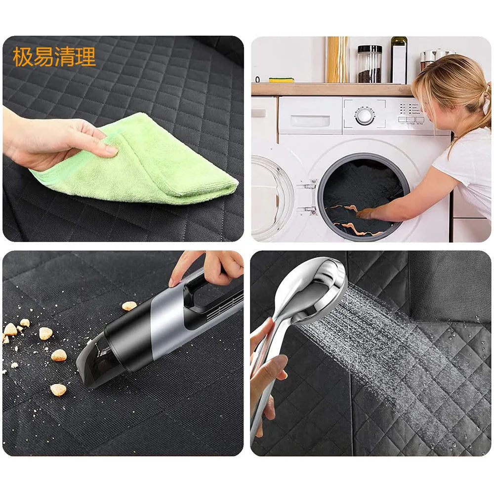 Black and orange edge waterproof dog car seat mat measuring 147x137cm with mesh window and accessory pocket