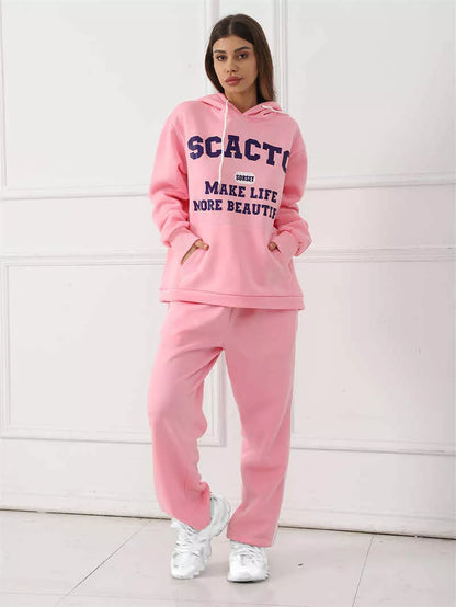 Women's casual printed top and pants set in polyester, available in black, pink, and purple