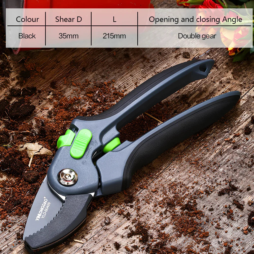 Professional metal garden shears with polished blades and ergonomic handles for branch pruning