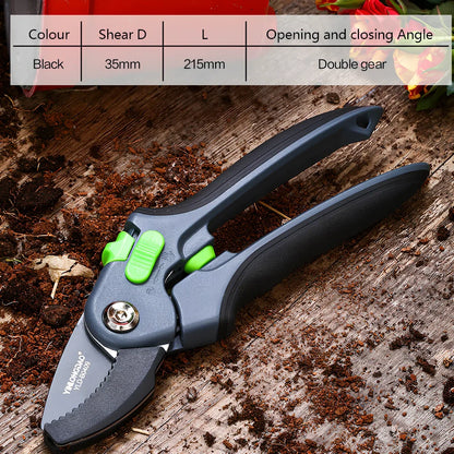 Professional metal garden shears with polished blades and ergonomic handles for branch pruning