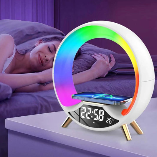 Versatile wireless charging nightlight with Bluetooth speaker, featuring adjustable lighting and compact design