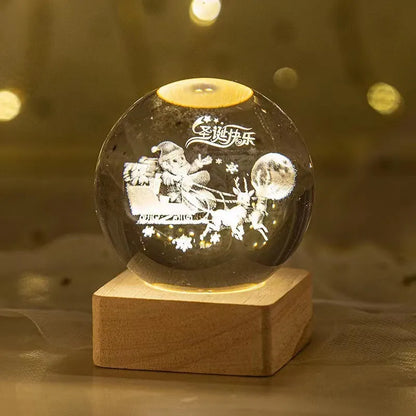 Crystal ball night light projecting 3D starry sky and planets with solid wood base