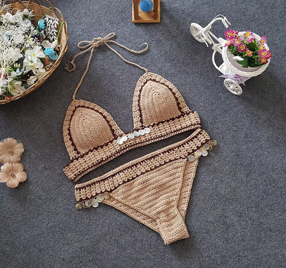 Knitted bikini set with mermaid split design in brown and white