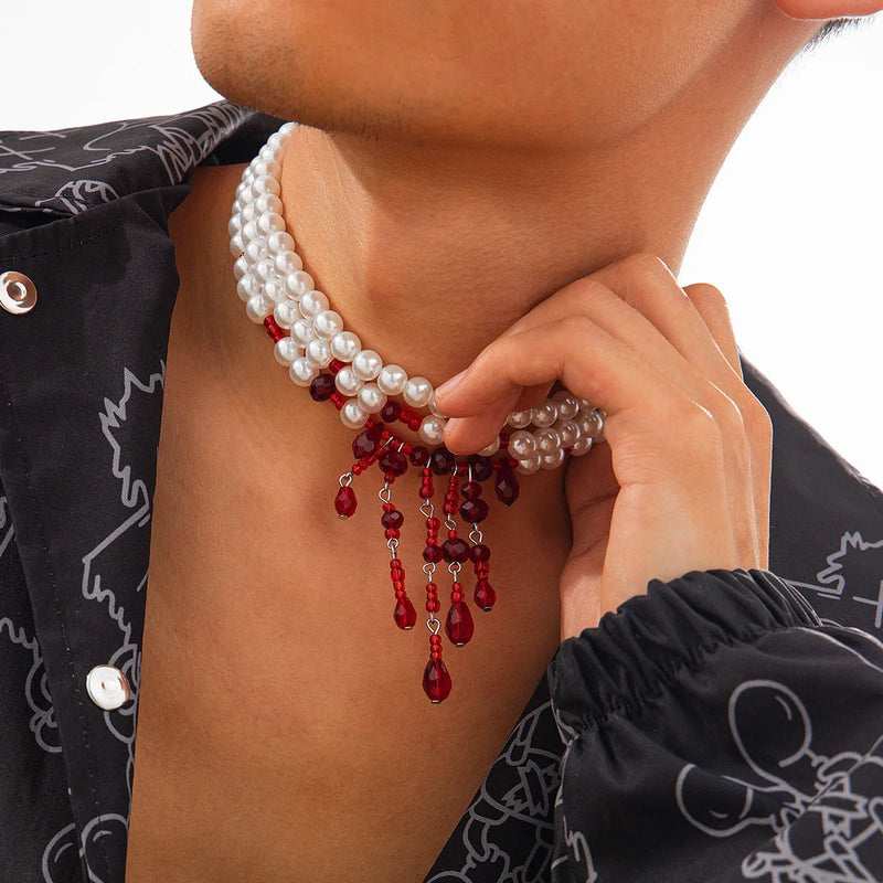 Halloween crystal necklace with blood drop tassel featuring artificial crystal pendant and imitation pearl geometric elements, a 41-50cm adjustable chain in red/black or red/white colour options designed for men's gothic accessory styling