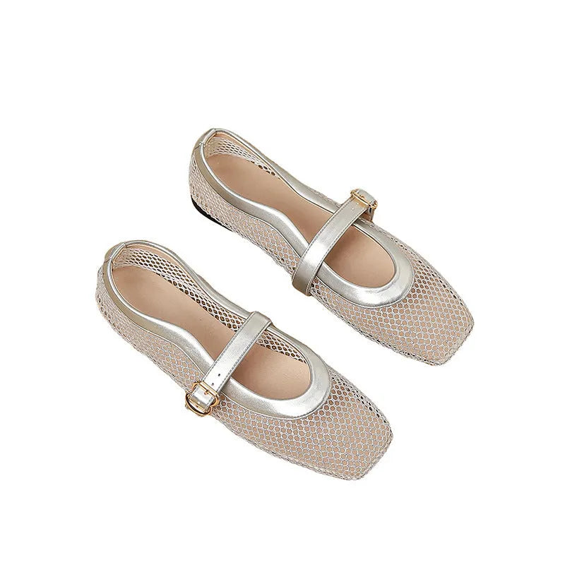 Women's beige mesh summer pump with square toe, flat heel, and buckle closure on a white background.
