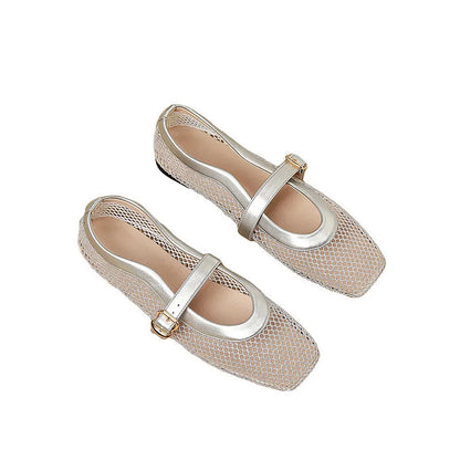 Women's beige mesh summer pump with square toe, flat heel, and buckle closure on a white background.