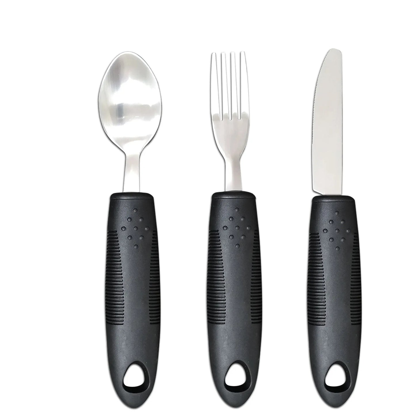 Stainless steel adaptive eating utensils with rubber handles and bendable components for elderly anti-shake support