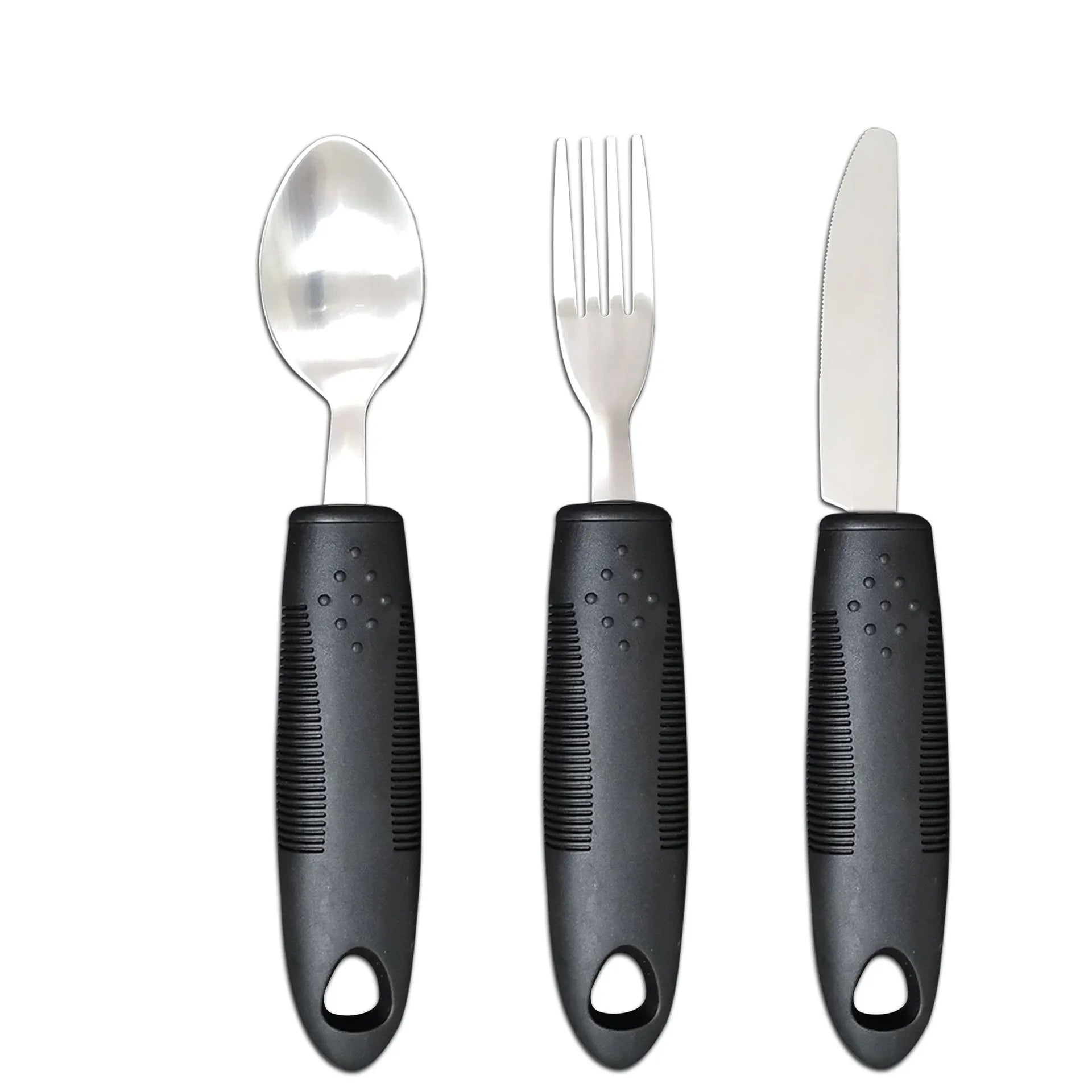 Stainless steel adaptive eating utensils with rubber handles and bendable components for elderly anti-shake support