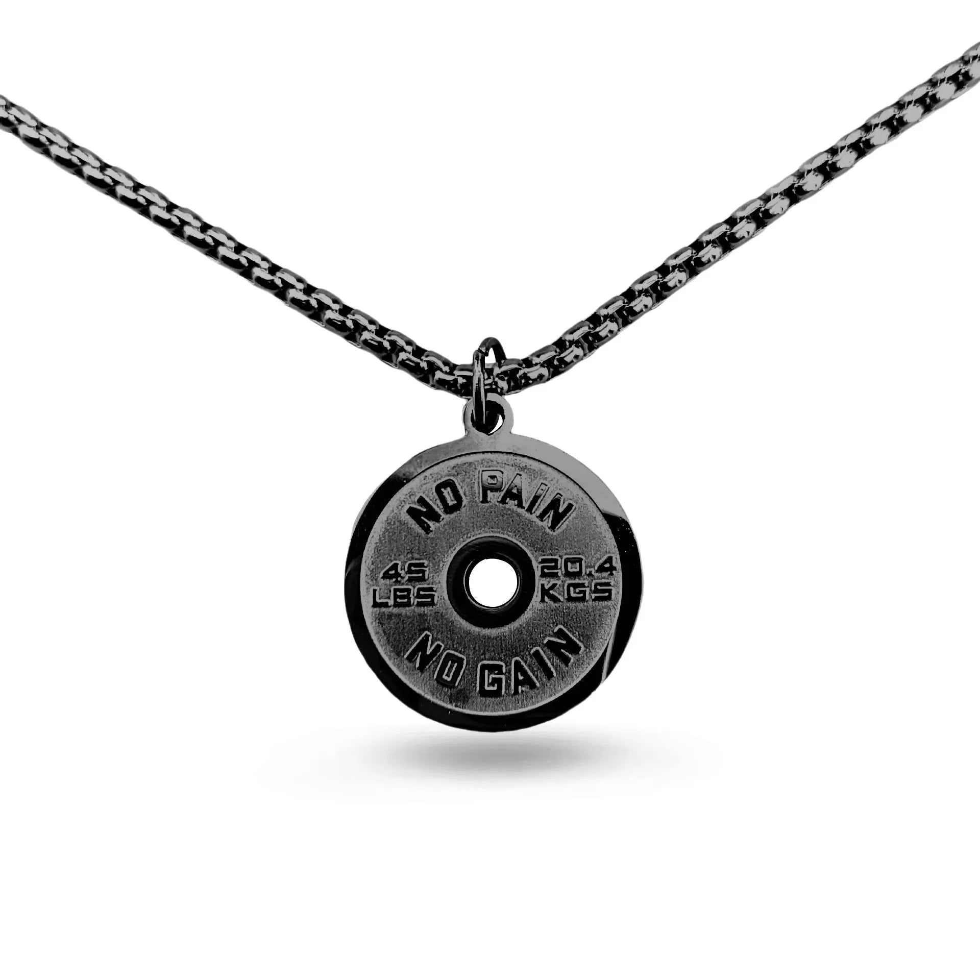Stainless steel barbell disk geometric pendant necklace with polished finish and chain options