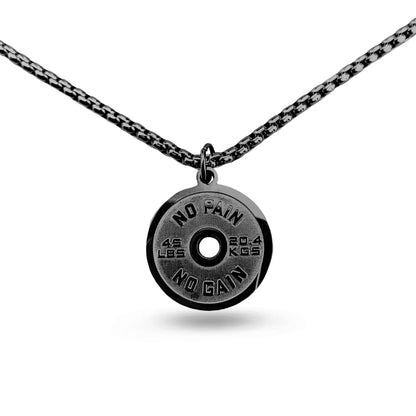 Stainless steel barbell disk geometric pendant necklace with polished finish and chain options