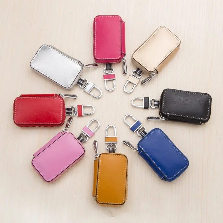 White genuine leather car key case with square vertical design