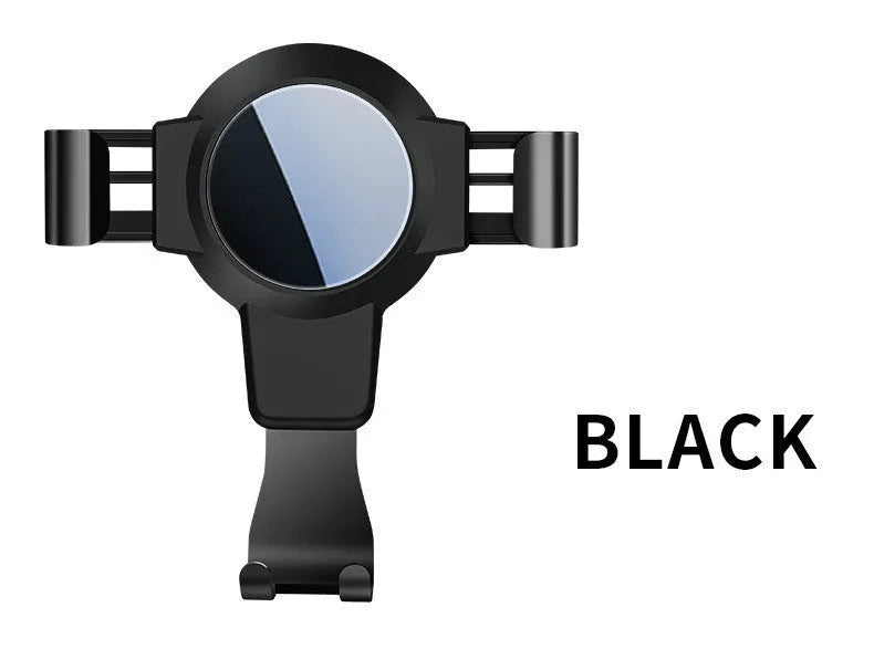 Black S4 ABS gravity mobile phone holder clipped onto a car air conditioning vent.