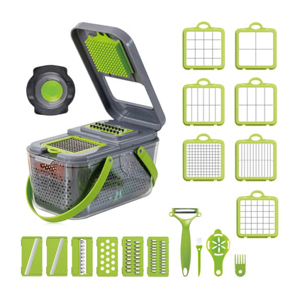 Grey multi-function vegetable cutter with stainless steel blades and foldable compartment design measuring 26cm