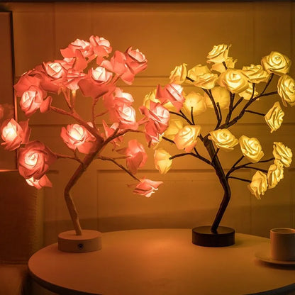 White and red rose flower LED lamp on a bonsai tree stand with warm white lights.