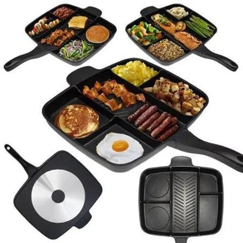 Large silver multifunctional 5 in 1 frying pan with non-stick coating and black handles.