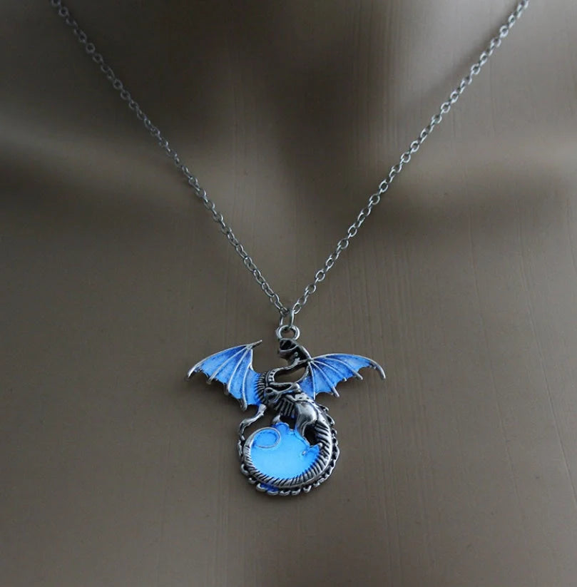 Glowing Vintage Flying Dragon Necklace with luminous pendant in ancient bronze and silver plating options