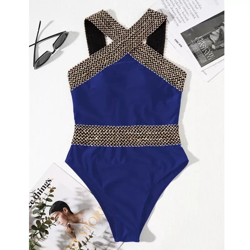 Solid color one-piece swimsuit with optional chest pad in black and blue