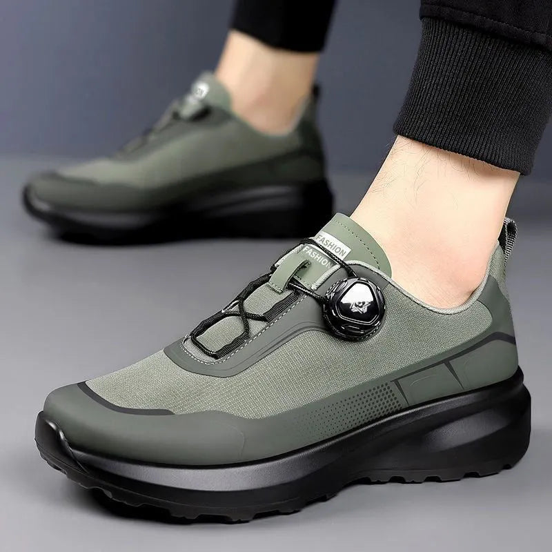Men's thick sole rotating button sneakers in army green with platform design