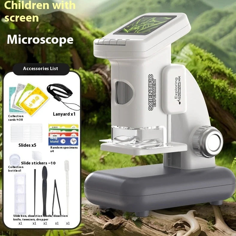 Smart digital microscope with electronic belt display and 13 educational accessories including dissecting tools and specimen materials