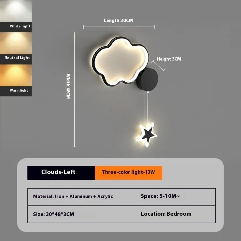 Black five-pointed star shaped children's wall lamp with a left-facing cloud design and touch control for three colour LED light.