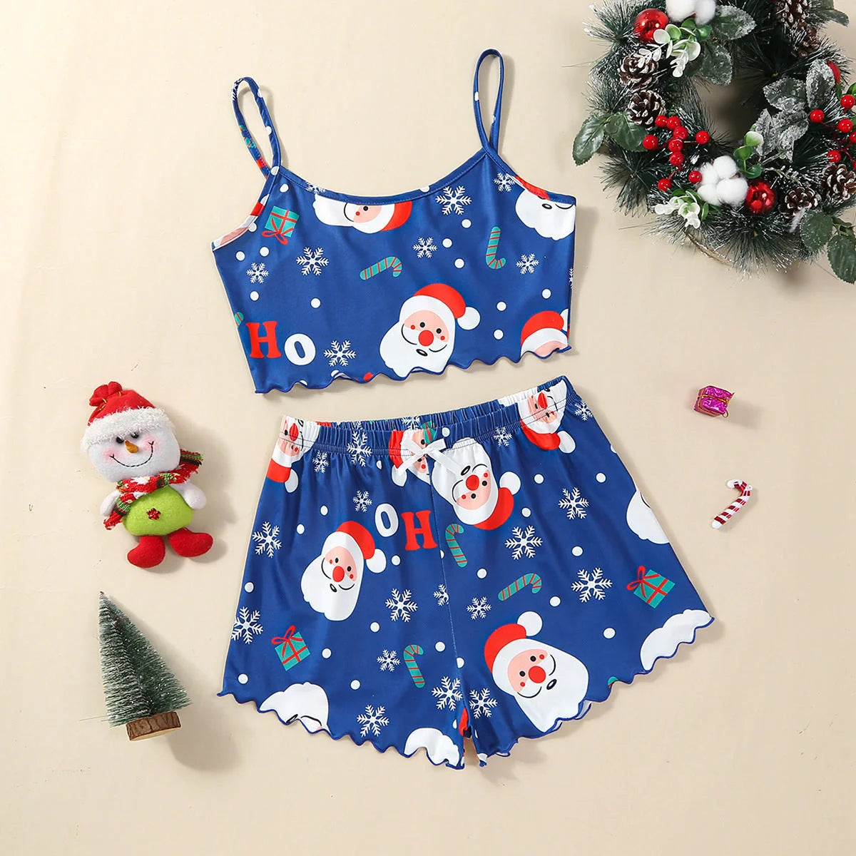 Christmas Women's Milk Silk Pajamas Set with Sleeveless Shorts in festive designs