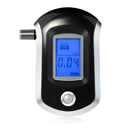 Black portable breath alcohol tester with LCD display and separate mouthpieces on a white background.