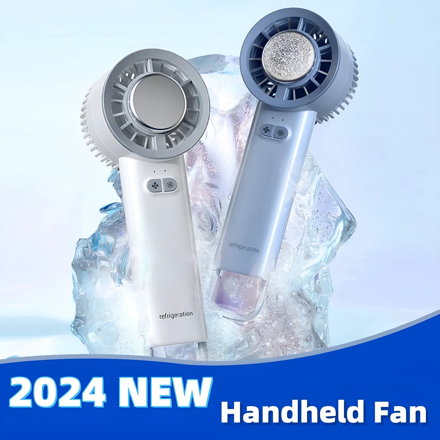 White handheld portable fan with turbo jet design and ice cooling function.