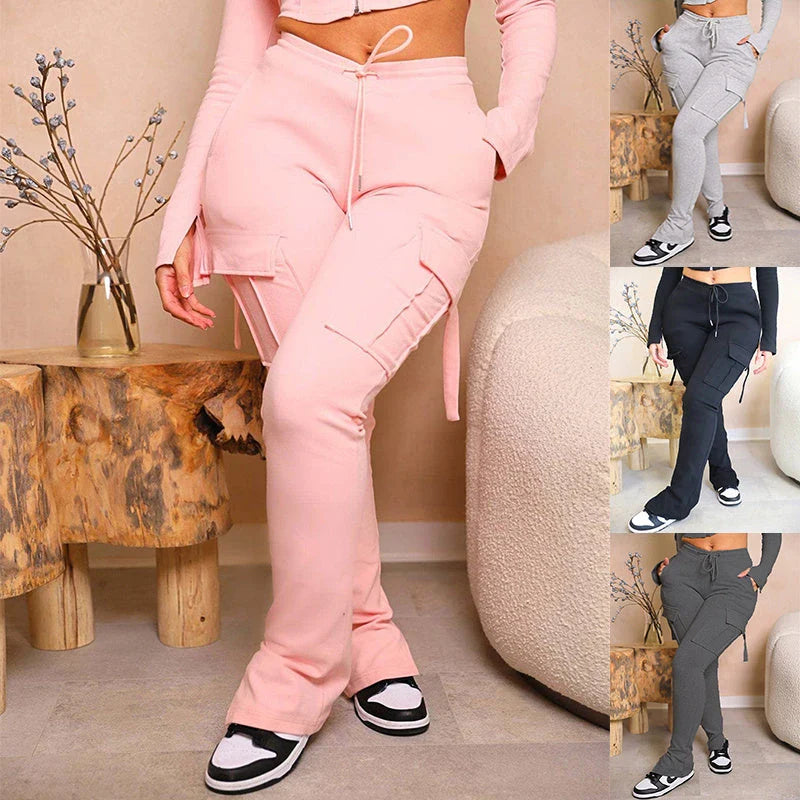 Versatile high-waisted cargo pants for women with pockets, drawstring, and wide leg design