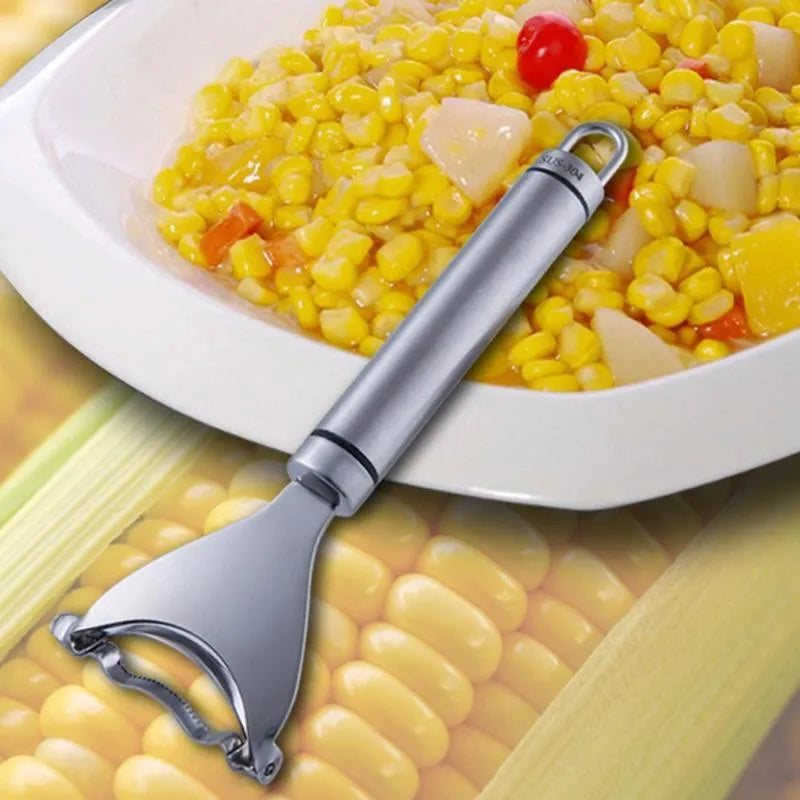 Stainless steel corn planer for removing kernels from corn on the cob.