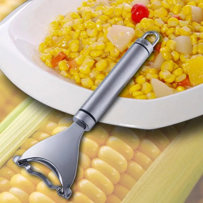 Stainless steel corn planer for removing kernels from corn on the cob.