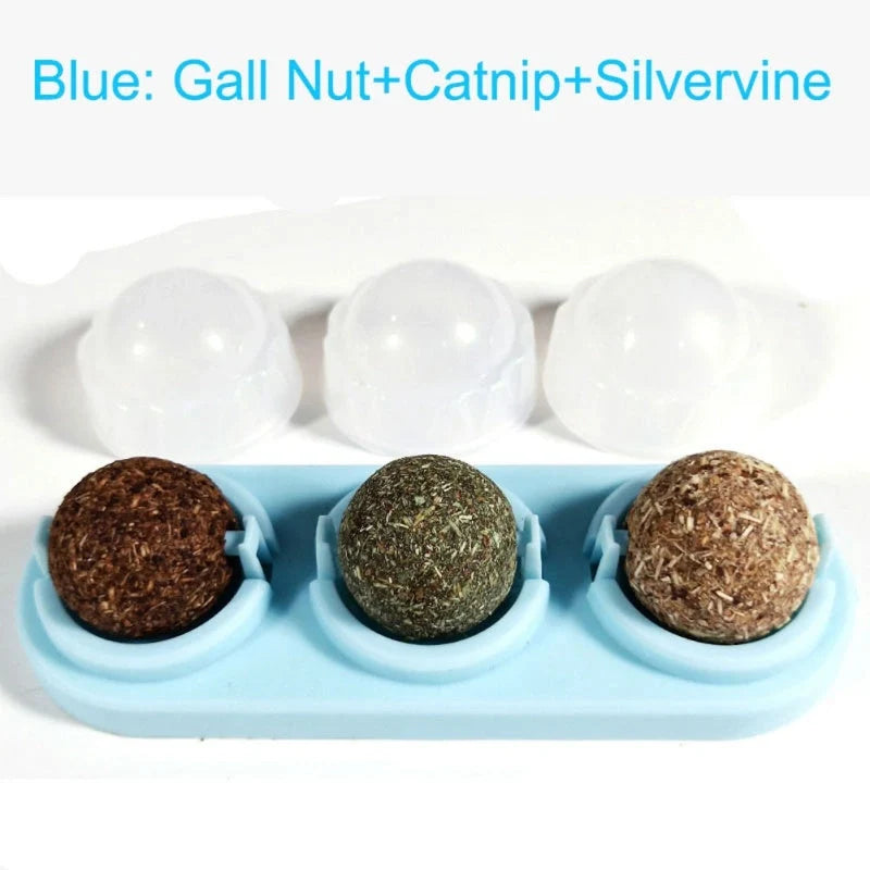 3-Piece Self-Adhesive Rotated Catnip Lick Ball Set for Cats, promoting dental health and interactive play