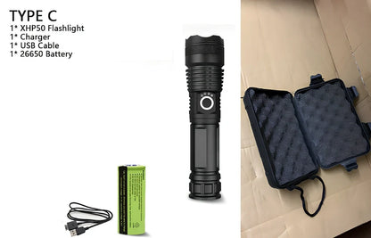 Black aviation aluminium LED torch with telescopic zoom lens showing extended and retracted positions