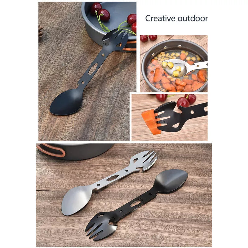Stainless steel multifunctional fork spoon with bottle opener for outdoor adventures