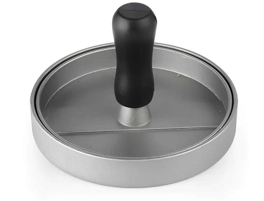 Aluminium burger press with handled plate creating 1cm thick patties on stable base